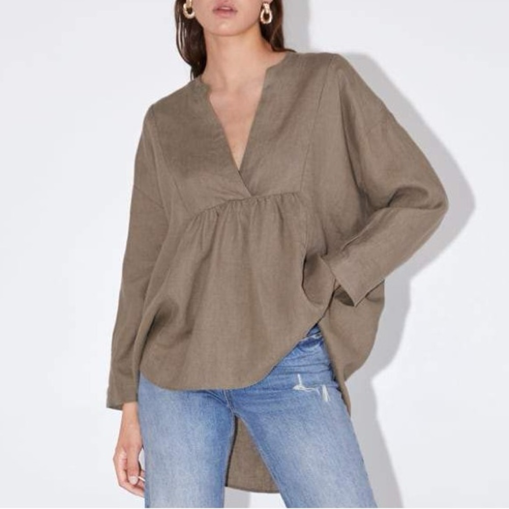 Zara 100% linen long sleeve tunic top L brown taupe oversized relaxed high-low
